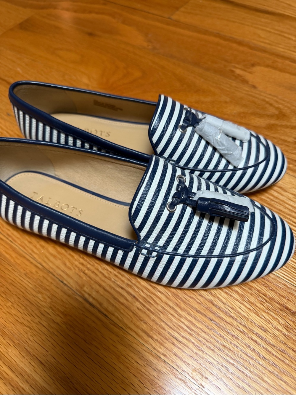 Talbots Navy and White Striped Tassel Loafers